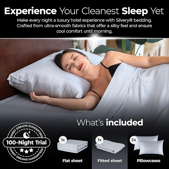 Silvery Silver Infused Bed Sheets Set - Award-Winning Self-Cooling Fabric with Self-Cleaning Silvery Technology™ That Stays Fresh 3X Longer for Hygienic Sleep (Gray, King)