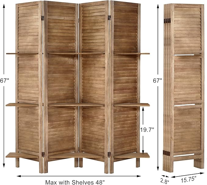 Room Divider with Shelves, 4 Panel Brown Privacy Screen | Partition Room - Image 2