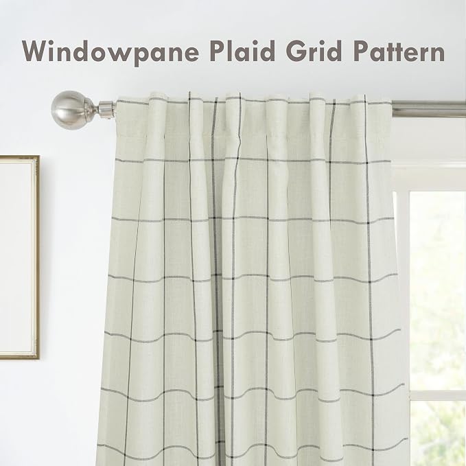 DriftAway 100% Blackout Plaid Linen Curtains 63 Inches Long 2 Panels Black | - Image 3