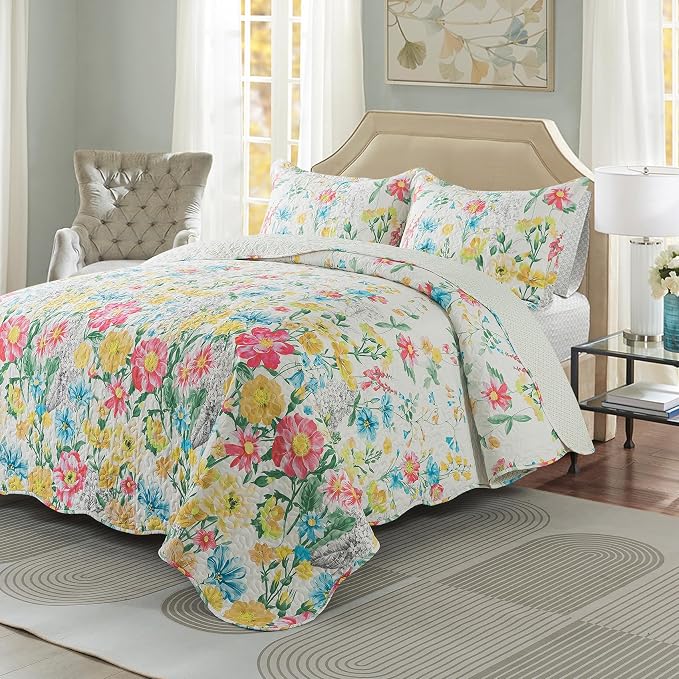 Floral Quilt King Quilt Bedding Set, Ultra Soft Reversible Microfiber King Size - Image 2