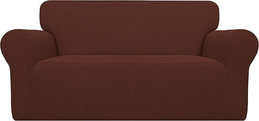 Easy-Going Stretch Loveseat Slipcover 1-Piece Sofa Cover Furniture Protector Couch Soft with Elastic Bottom for Kids Polyester Spandex Jacquard Fabric Small Checks (Loveseat, Coffee)