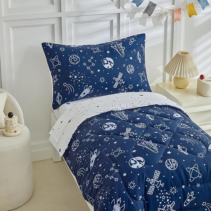 DuShow Navy Blue Toddler Bedding Set for Boys,4 Pieces Space Crib Bed Sheets Set,Soft Toddler Comforter Set in a Bag, Includes Quilted Comforter, Flat Top Sheet, Fitted Sheet, Envelope Pillow Case