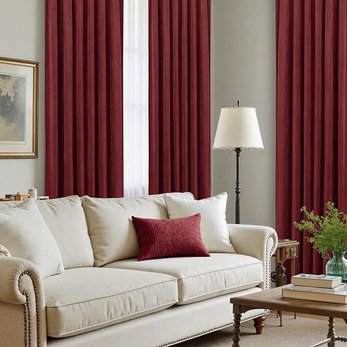 LAMIT Burgundy Red Velvet Curtains 96 Inch for Living Room, Vintage Thermal Room Darkening Panels Privacy Back Tab and Rod Pocket Christmas Drapes for Bedroom/Theater, 2 Panels, 52 x 96 Inch