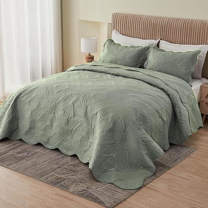 Kingnex Oversized King Bedspreads 128x120 Ultrasonic Quilted Sage | Extra Wide by Kingnex
