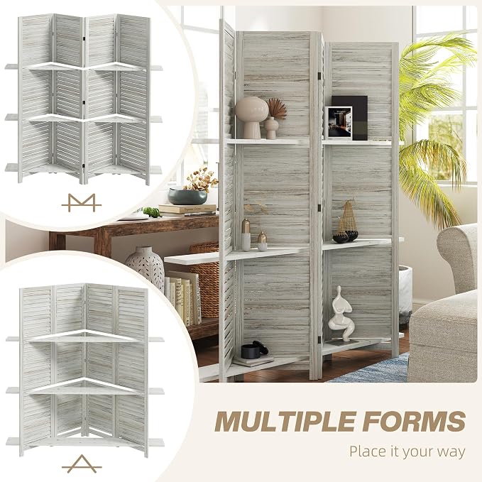 HOMCOM Room Divider with Shelves, 4 Panel, Distressed White | Wood Privacy - Image 6