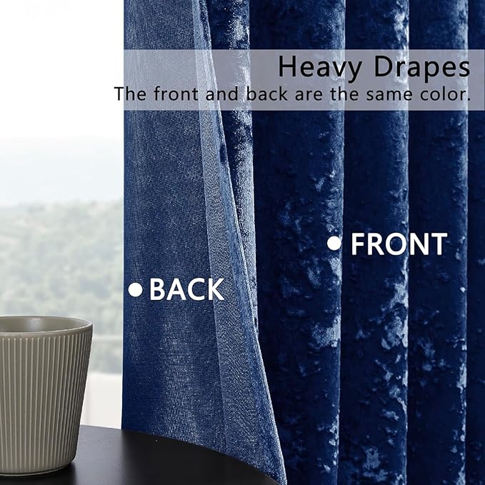SMILETIME Navy Blue Crushed Velvet Curtains 52x108 inch Luxurious Thermal Insulated Soundproof Drapes for Living Room Bedroom Office Soft and Durable Light-Filtering Window Treatments, 2 Panels