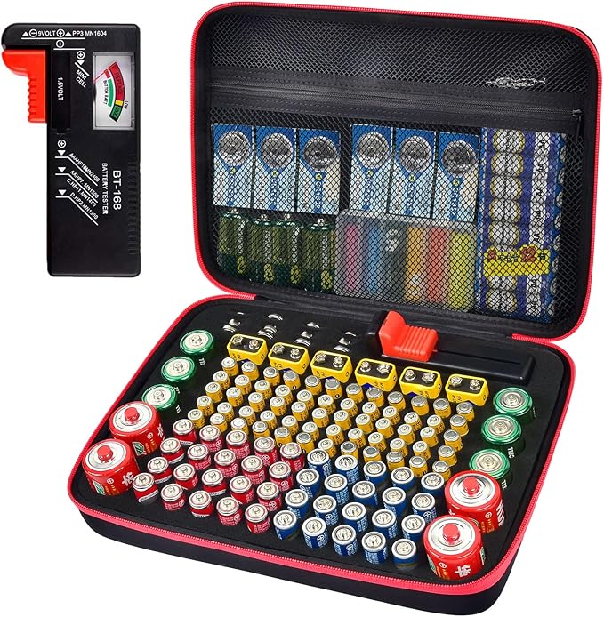 ALKOO Battery Organizer Storage Holder Case Box with Tester Checker BT-168. Holds 136+ Batteries AA AAA C D Cell 9V 3V Lithium (Red)