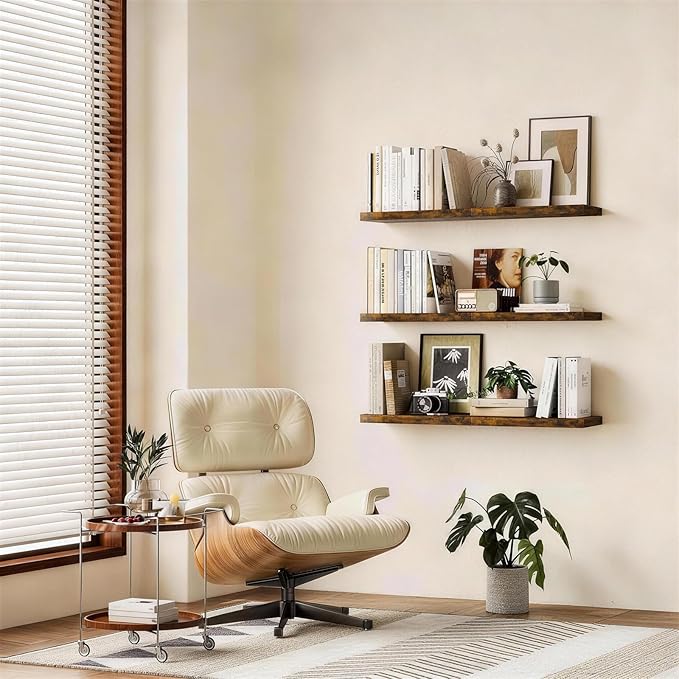 BAYKA Rustic Brown Floating Shelves 22.5in, 3 Pack, Wall Mount Wood Shelf | - Image 2