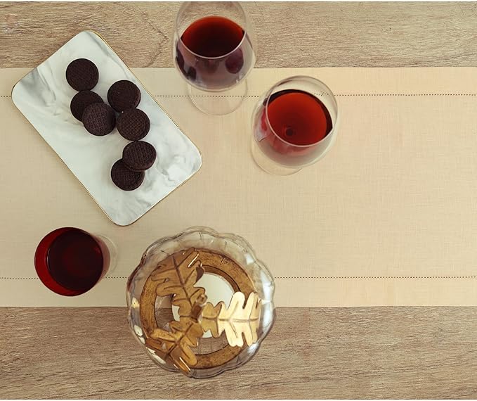 Solino Home Linen Hemstitch Table Runner 60 Inches - 100% Pure Linen Beige Table Runner 14 x 60 Inch Ideal for Dresser and Coffee Tables - Christmas, New Year - Classic Hemstitch