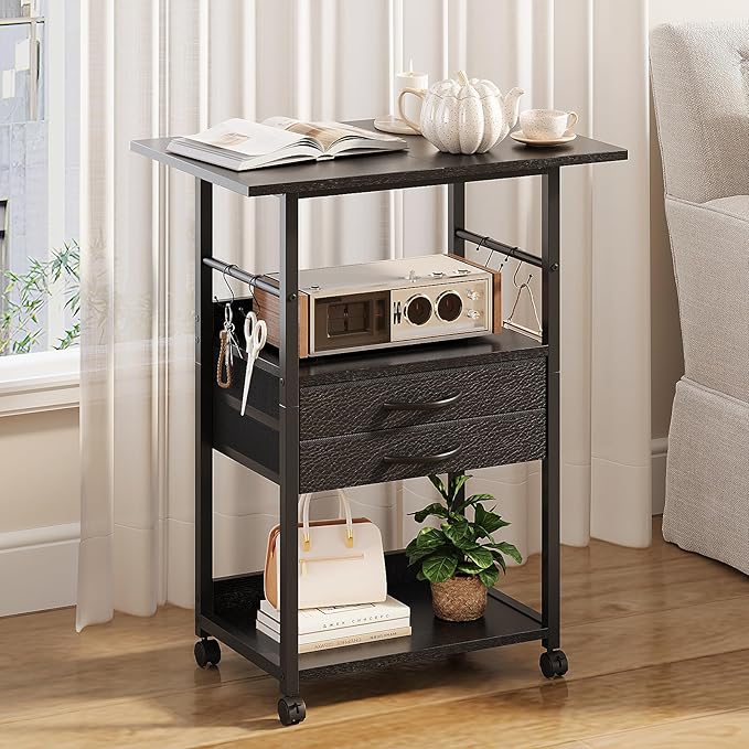 VENNQD Large Printer Stand with Storage Fabric Drawer Under Desk Printer Table with Wheels for Home Office, Printer Cart fit Fax Machine Scanner (Black, 3 Tiers)