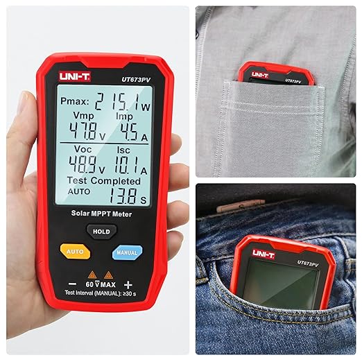 UNI-T UT673PV Solar Panel Tester, Solar MPPT Meter, 800W Photovoltaic Module Maximum Power Tester, Intelligent Manual/Auto MPPT Test, Large LCD and Multiple Result Displays