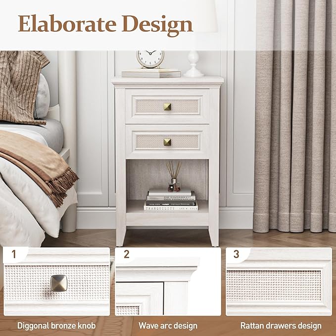 RoyalCraft Rattan Nightstand for Bedroom, Tall Bedside Table - Image 4
