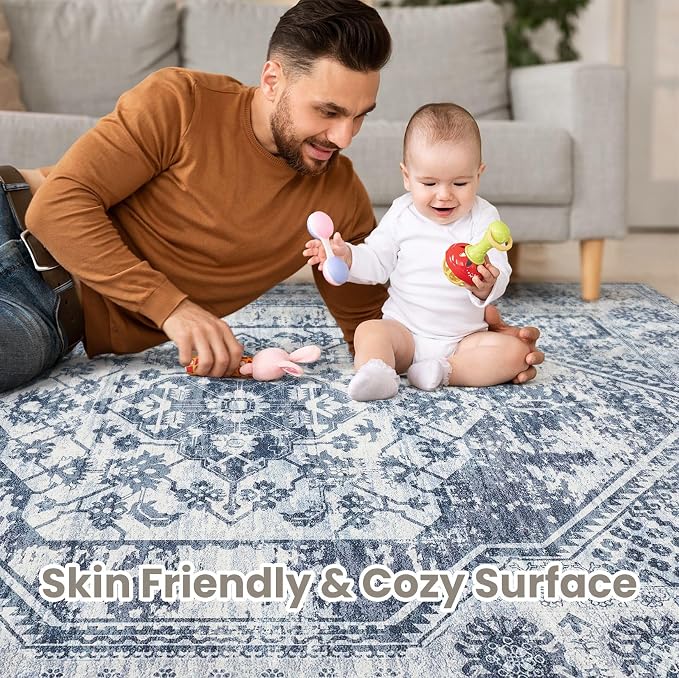 cotiled 5x7 Area Rug for Living Room, Traditional, Distressed Blue - Image 3
