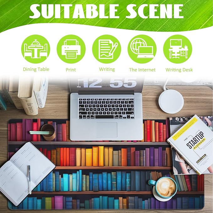 Eflxamz Large Gaming Mouse Pad for Desk,Bookshelves Full of Books Desk Mat,Colorful Books Desk Pad,Extended Big Computer Keyboard Mouse Pad with Non-Slip Base and Stitched Edge,35.4"x15.7"