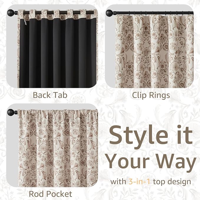 jinchan Taupe Floral Blackout Curtains 96 Inch Farmhouse Back Tab 2 Panels | - Image 7