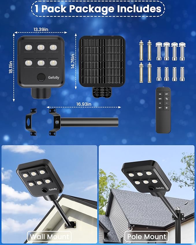 Gefolly G-5000W Solar Street Light Outdoor, Wide Angle Commercial Parking Lot Light Dusk to Dawn 6500K IP67 Flood Security with Motion Sensor Lamp for Yard, Basketball Court