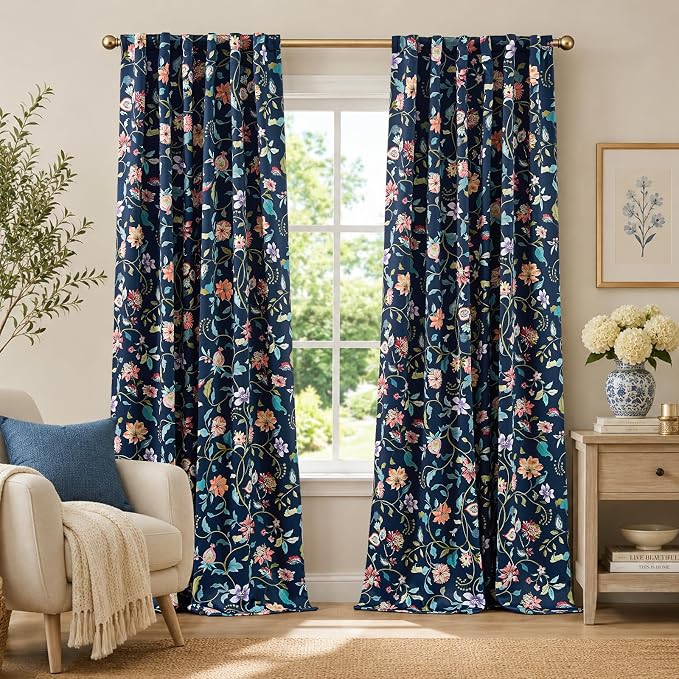 jinchan Dark Blue Floral Blackout Curtains 96 Inch Back Tab 2 Panels | Room by JINCHAN