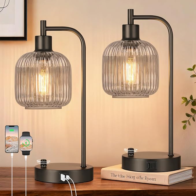 Grey Glass Table Lamps Set of 2, Dimmable Bedside Lamps by Qimh