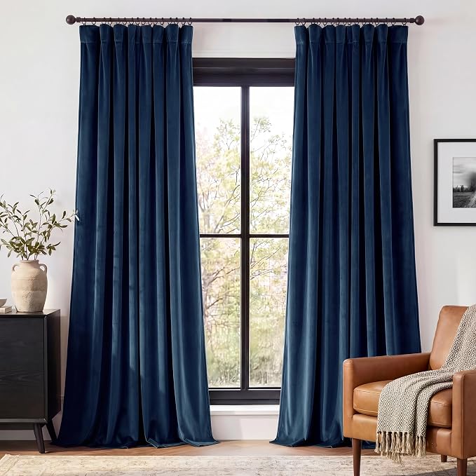 Blue Blackout Curtains 108 inches Heavy Thick Velvet, 2 Panels | Noise Reducing by StangH
