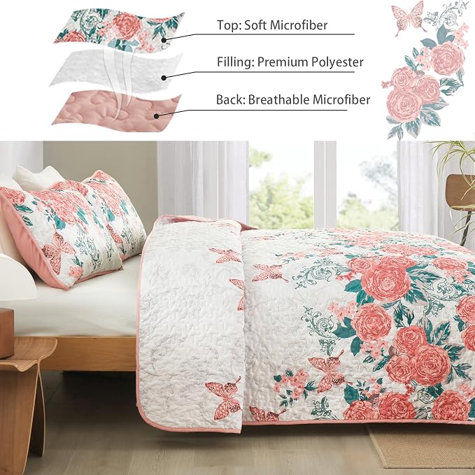Yiran Pink Floral Quilt Set Queen Summer Botanical Bedspreads Bedding Set | 3 - Image 5