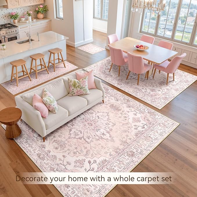 Area Rugs 2'x6' Washable Non-Slip, Floral Vintage Distress Print Pattern Medallion Carpet for Living Room Bedroom Dining Room, Pink Greypink Cute