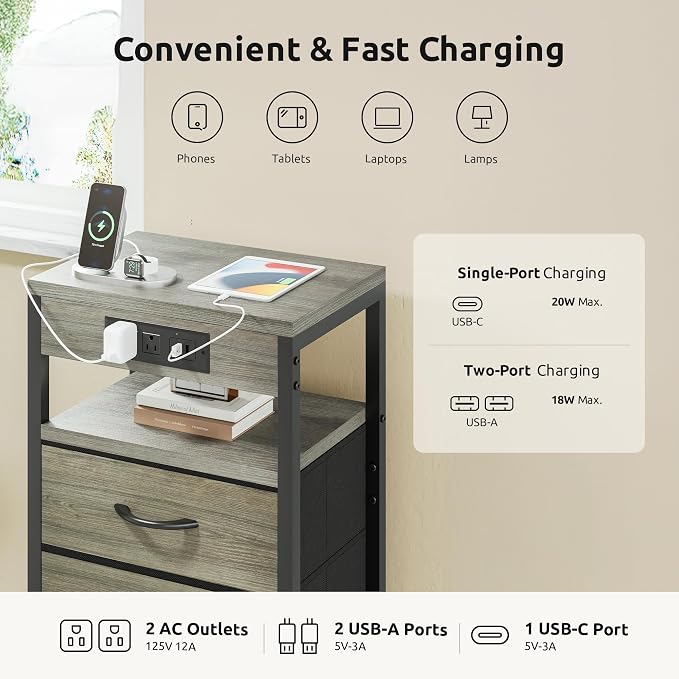 Lazzanto Night Stand with Charger Station, 4 Fabric Drawers, Bedside Table - Image 4