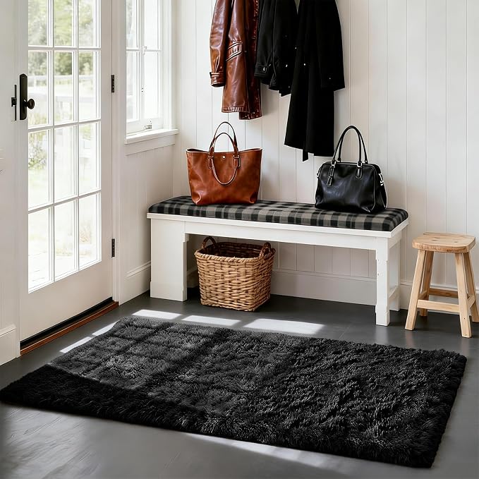 Black 3x7 Area Rugs for Bedroom, Fluffy Shag Rug Small Rug Bedroom Carpet | - Image 3