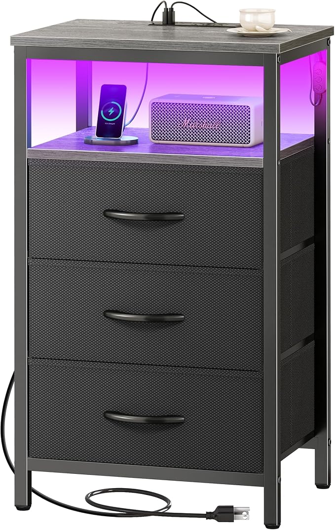 Huuger Night Stand with Charger Station and LED Lights, 3 Drawer Nightstand | by Huuger