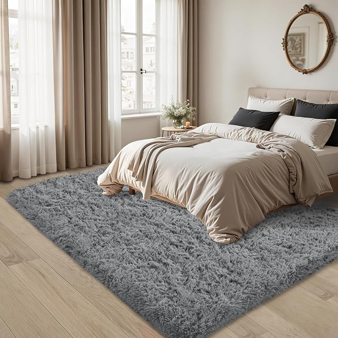 5x8 Area Rug for Living Room, Light Gray Fluffy Shag Non-Slip Bedroom Rugs | - Image 3