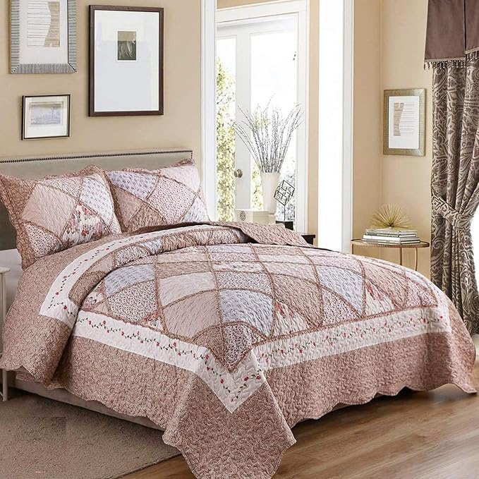 Full/Queen Size Quilt Set Pink Floral Patchwork Bedspreads Bedding Set | - Image 8