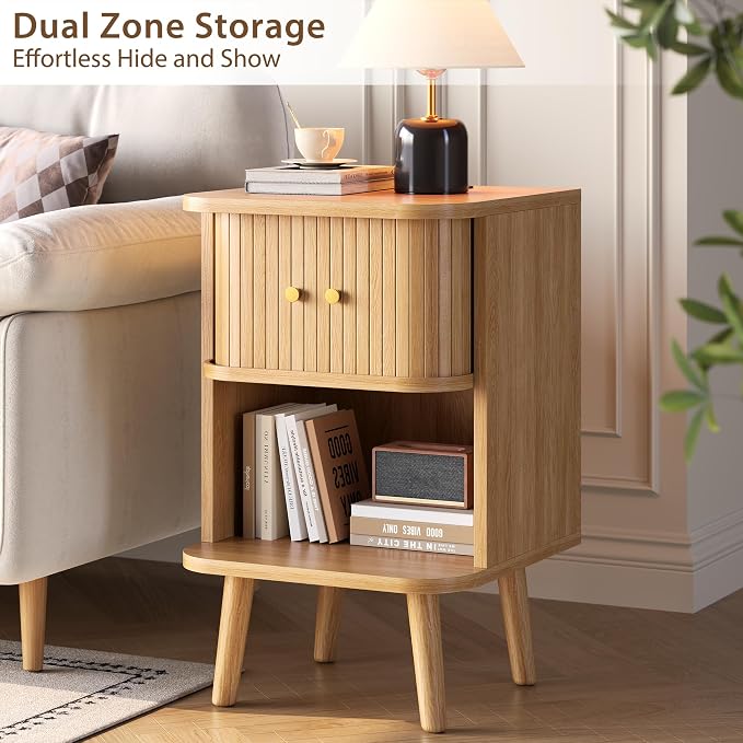 Decofy Fluted Nightstand with Charging Station & Sliding Door, Oak | Open Shelf - Image 4