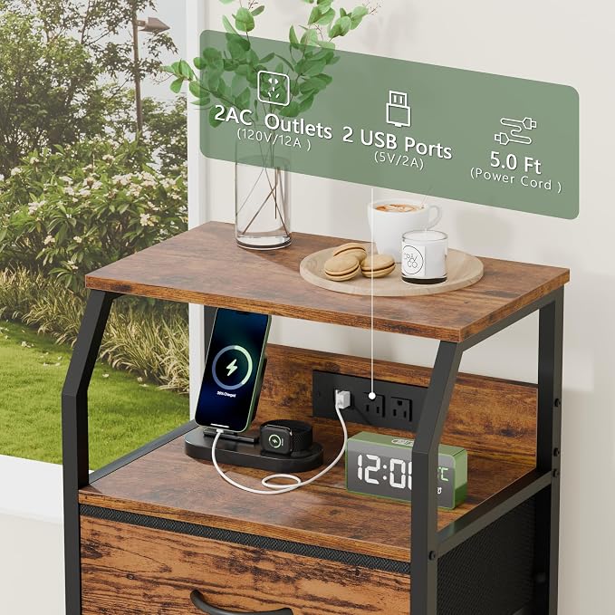 Night Stand with Charging Station, 4 Drawers Tall Bedside Table | Small Rustic - Image 8