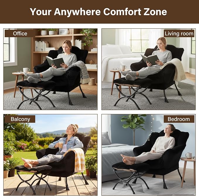 Welnow Lazy Chair with Ottoman, Reading Chair with Footrest, Plush Black | A - Image 8