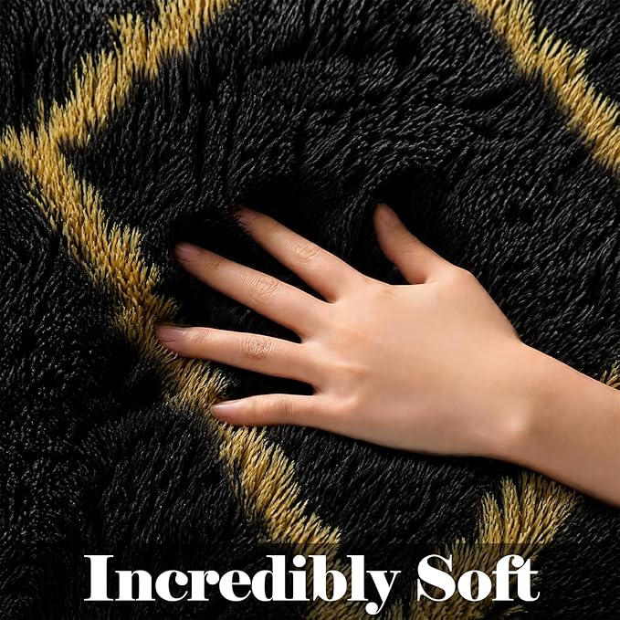 5x7 Area Rugs for Living Room Bedroom, Fluffy Black and Gold Faux Fur Rug - Image 2