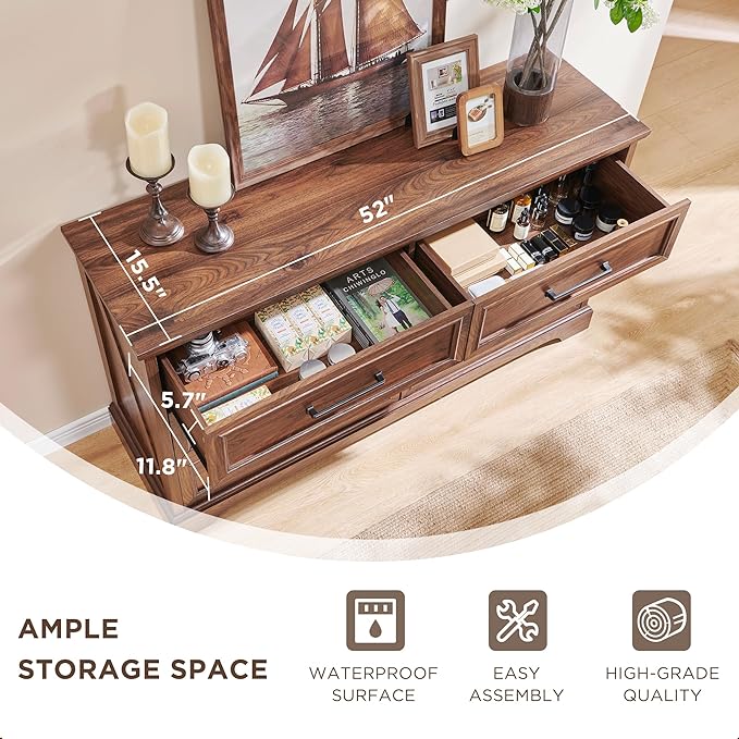 JXQTLINGMU Farmhouse 6 Drawers Dresser for Bedroom, 52'' Wide Large Wood Dressers with Bar Handles, Chests of Drawers with Storage Dressers Organizer for Bedroom, Hallway, Brown