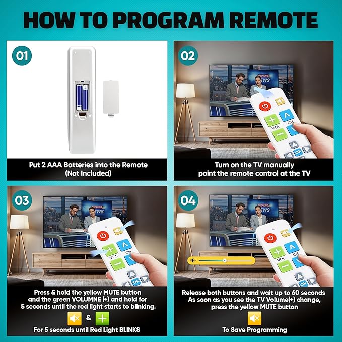 EZclicker Plus Big Button Universal TV Remote (White) Simple Easy to Use, Works with Major TV Brands (2xAAA Batteries Not Included)