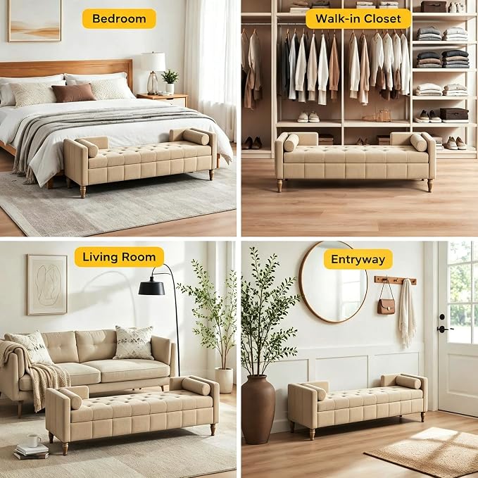 Aoiy & Wifon 64.57" W End of Bed Bench King Size, Upholstered Large Storage - Image 9