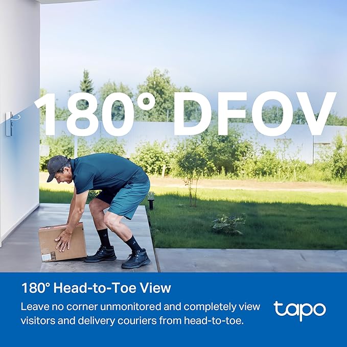 Tapo by TP-Link Smart Video Doorbell Camera with Chime, Battery or Wired, 2K QHD Color Night Vison, No Monthly Fee, 180° Ultra-Wide Head-to-Toe View, Ring Call, Free AI Detection, Local Storage (D225)