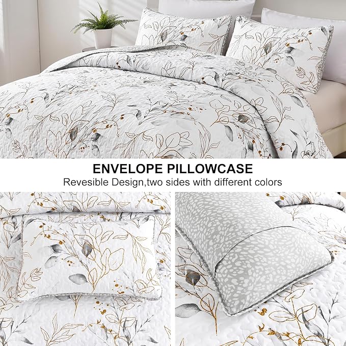 Anibedding Grey Quilt Set Queen, Botanical Bedspread - Image 4