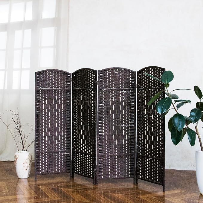 4-Panel Short Room Divider, 3.9 ft Freestanding Partition Wall, Dark Brown by Loomveil