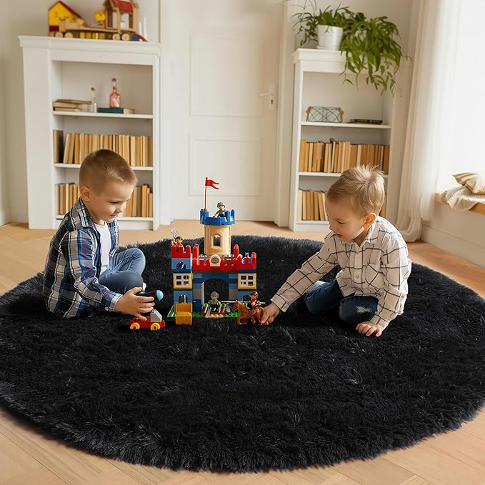 Black Round Rugs 8ft for Living Room, Fluffy Bedroom Circle Area Rug, Soft - Image 4