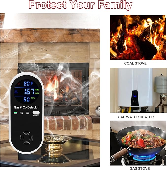 2 Packs Combination Natural Gas & Carbon Monoxide Detector,Koabbit 4-in-1 Explosive Gas & Carbon Monoxide Alarm with Temperature(°F) & Humidity for Home,RV,Hotel,Apartment