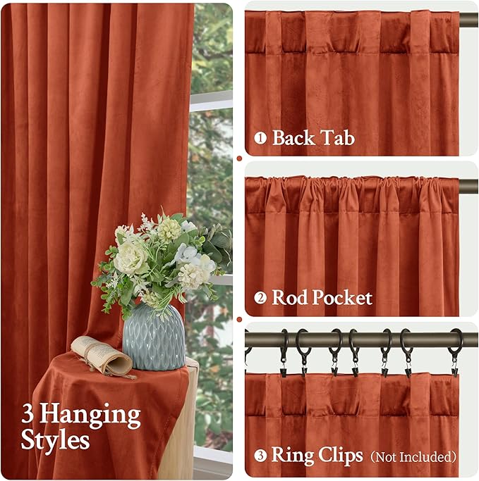 LAMIT Velvet Curtains 90 Inch for Living Room, Thermal Insulated Room Darkening Panels Rustic Vintage Noise Reducing Window Drapes with Back Tab and Rod Pocket, 2 Panels, Terracotta, 52 x 90 Inch