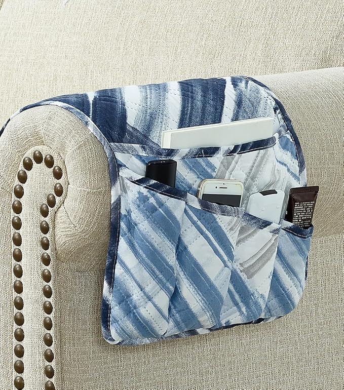 Brilliant Sunshine Blue Grey Stripes Couch Armrest Cover, Armrest Organizer & - Image 3