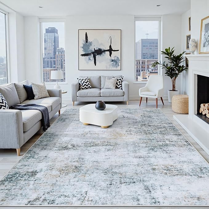 10x14 Washable Area Rug for Living Room Bedroom: Non-Slip Modern Blue Grey | - Image 8