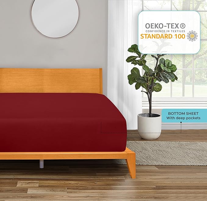 ROYALE LINENS 300 Thread Count 100% Long Staple Combed Cotton Fitted Sheet Twin - Super Soft Deep Pocket Bottom Sheet - Fitted Sheets Only - Elastic Sheets (Twin, Red)