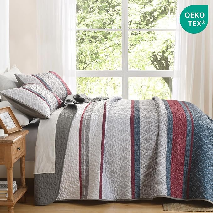Dinjoy Boho Quilt Set King, Striped Bedspread King Size - Image 3