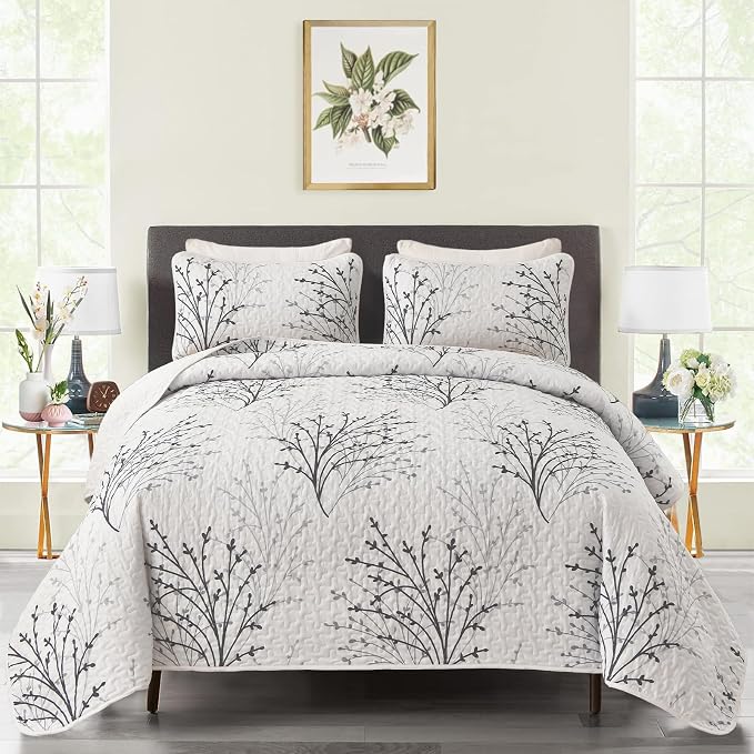 DJY White Quilt Set King Size Branch Botanical Bedspread Coverlet Set | 3 by HOME
