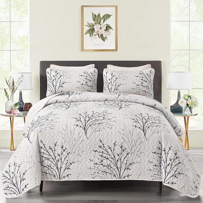 DJY White Quilt Set Queen Size Branch Botanical Bedspread Coverlet Set | 3 by HOME