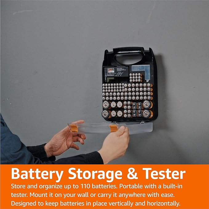 Amazon Basics Battery Organizer with Tester, Wall-Mounted Design, Handle Holds 110 Batteries,9.37 x 11.69 x 2.91 inches Clear/Black